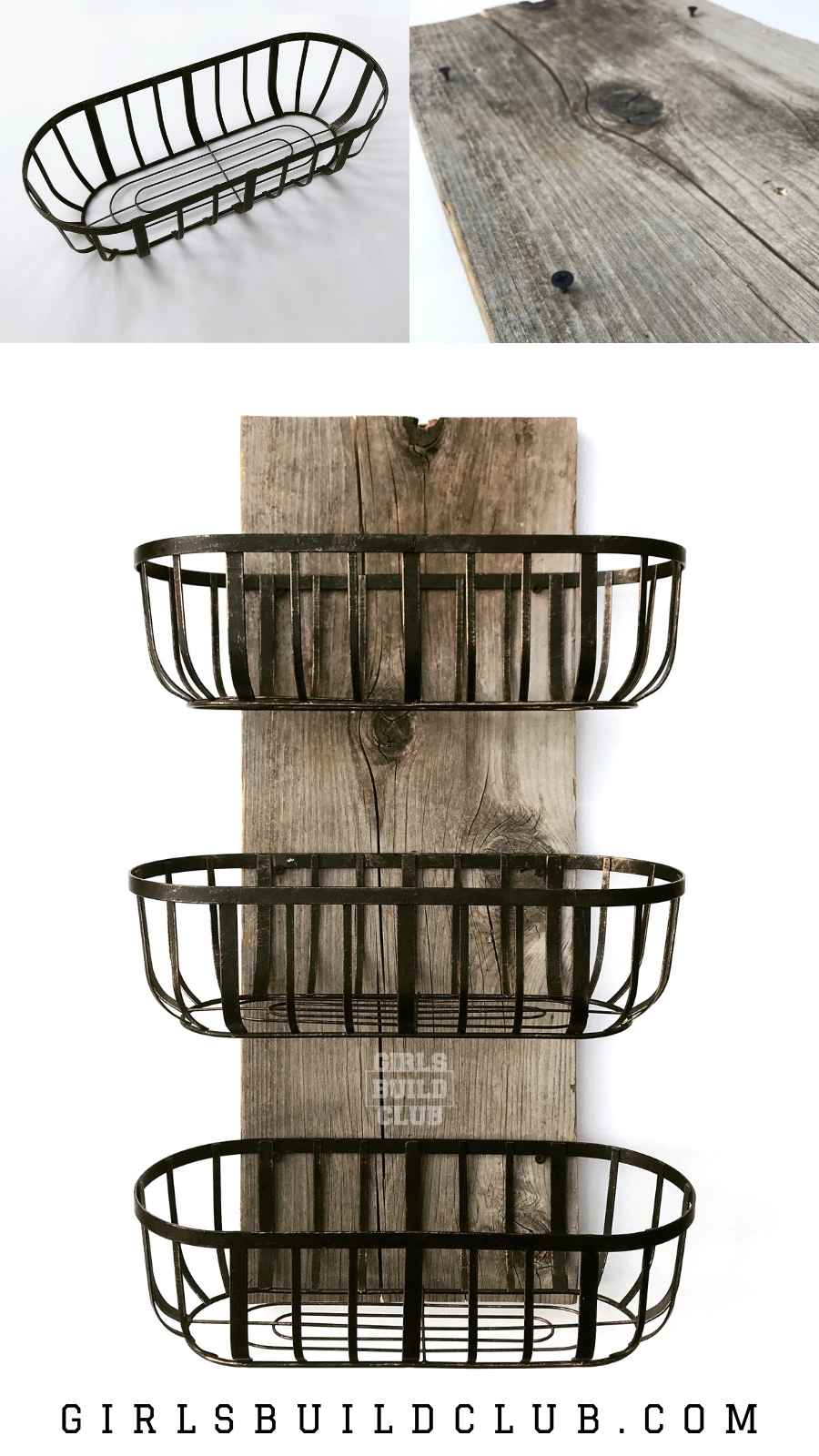 This is the easiest farmhouse decor diy ever! Now it holds our towels in our farmhouse kitchen but could be used in a bathroom, too. I got these wire baskets at Walmart and attached them to a rustic weathered wood board. Would look great as rustic cabin decor, too. Click through to the full tutorial