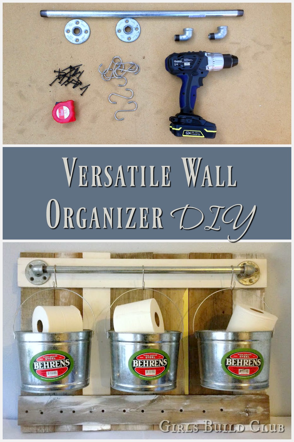 Organize your bathroom and de-clutter! I built this wall organizer out of scrap wood, pipe, and addes some galvanized buckets. Totally helps get the clutter off your counter and looks good too. rustic farmhouse style bathroom. 