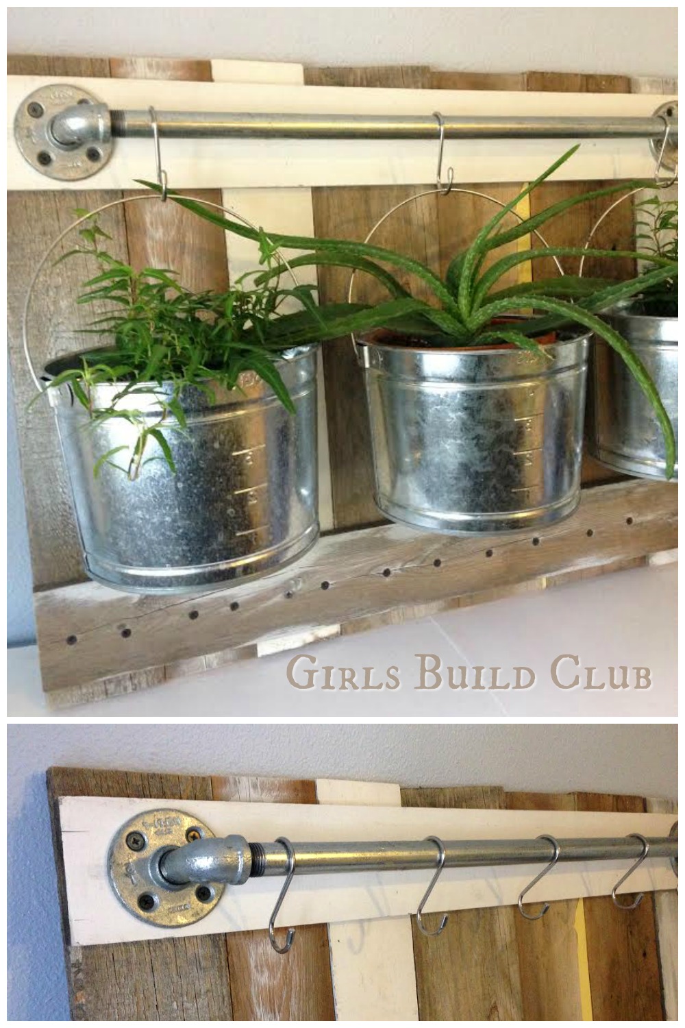 Hanging plants with buckets, scrap wood, and some pipe. This was so easy to build, and cheap too. Looks very rustic and farmhouse with the chippy paint and galvanized buckets.