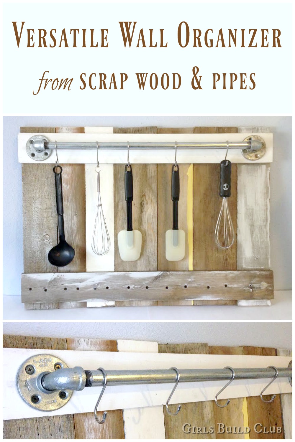 Kitchen utensil rack diy. I made this wall organizer from scrap wood and pipes so it was super cheap. Would look great in a country farmhouse kitchen or even a beachy coastal theme. I'm loving distressed wood and chippy paint