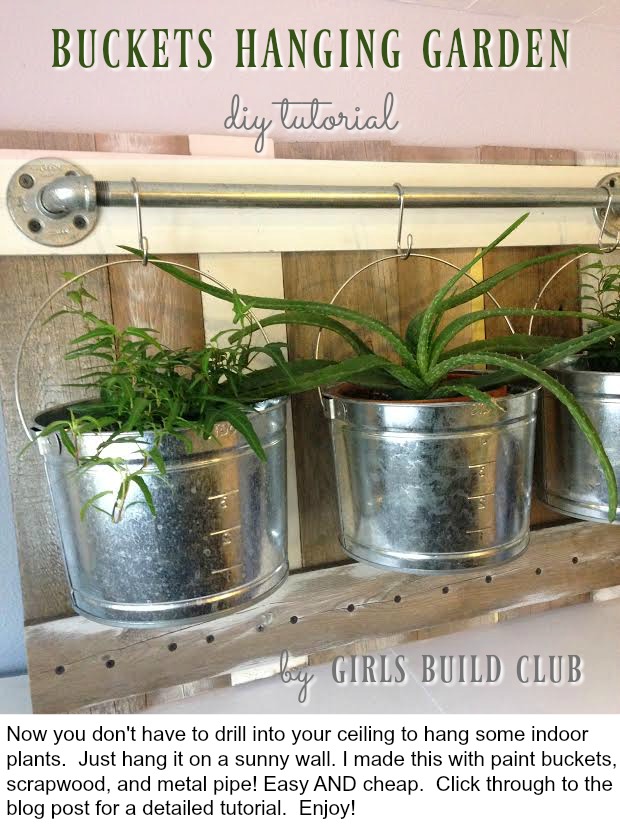 Farmhouse buckets hanging garden. Now you don't have to drill into your ceiling to install your hanging plants. Build this and hang it on a sunny wall in your farmhouse kitcfhen or bohemian kitchen! Easy farmhouse decor diy. Enjoy. :) Click through to the full tutorial on GirlsBuildClub.com