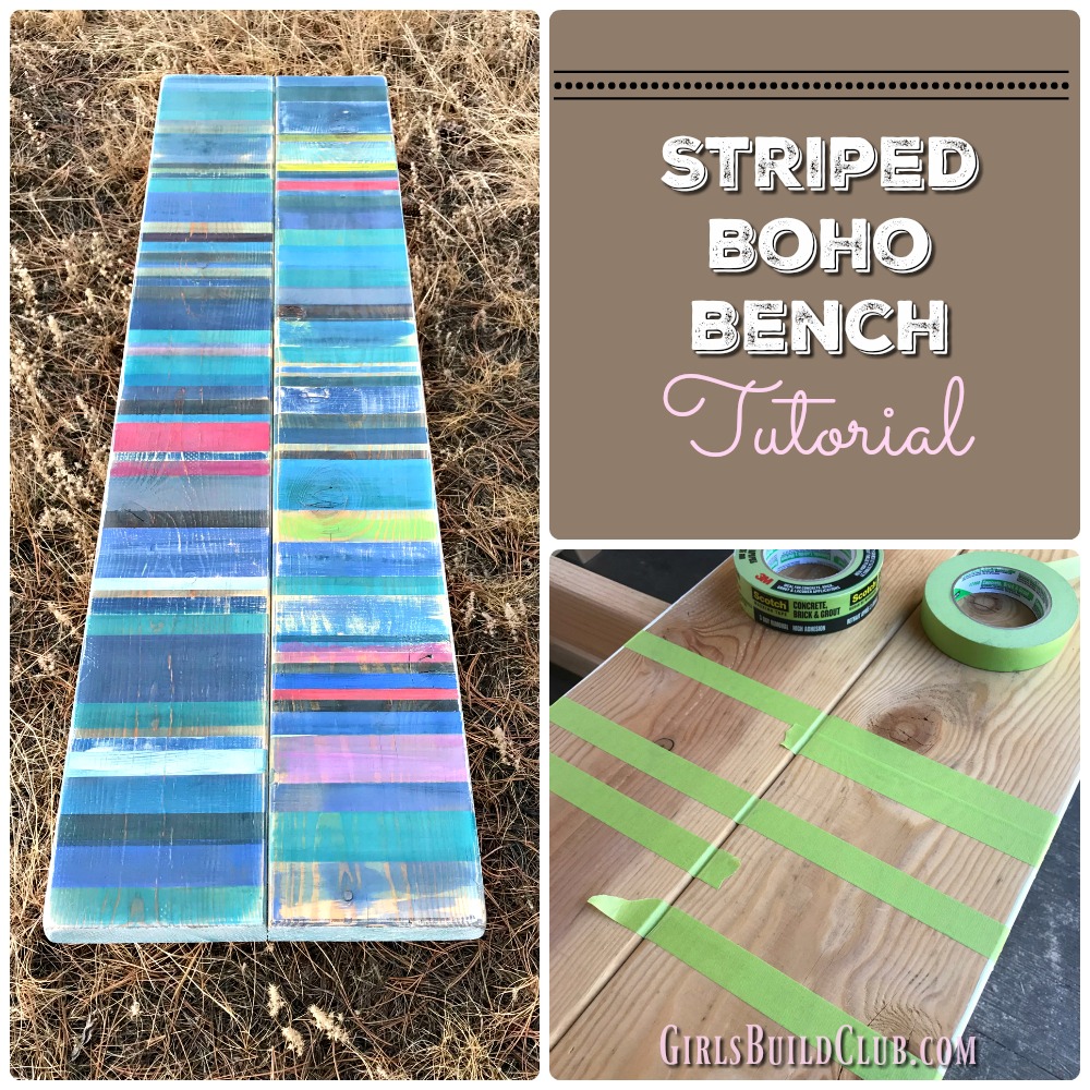 Striped boho bench >> boho chic >> Bohemian furniture >> Pretty easy painted furniture diy. All you need is some tape, several colors of $0.99 cent craft paint, sandpaper, and you're ready to go! easy cheap furniture diy! how to paint a boho bench.