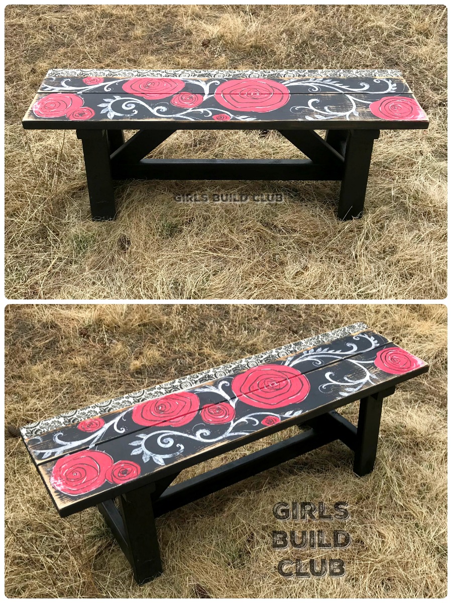 I love the red roses! This tutorial shows you step by step how to hand-paint the roses and decoupage the bench. It's an amazing look for someone who likes colorful furniture. And this diy bench tutorial tells you how to do it! by Girls Build Club