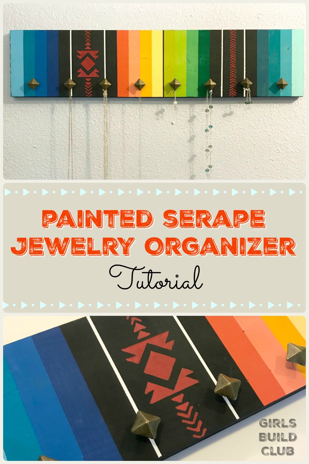 Organize your jewelry with this easy diy! All you need is scrap wood, paint and, furniture nails. Inspired by mexican serape blankets. This goes great with southwestern style, boho chic, bohemian, gypsy style, surf shack, beachy coastal. Easy painted scrapwood diy project.