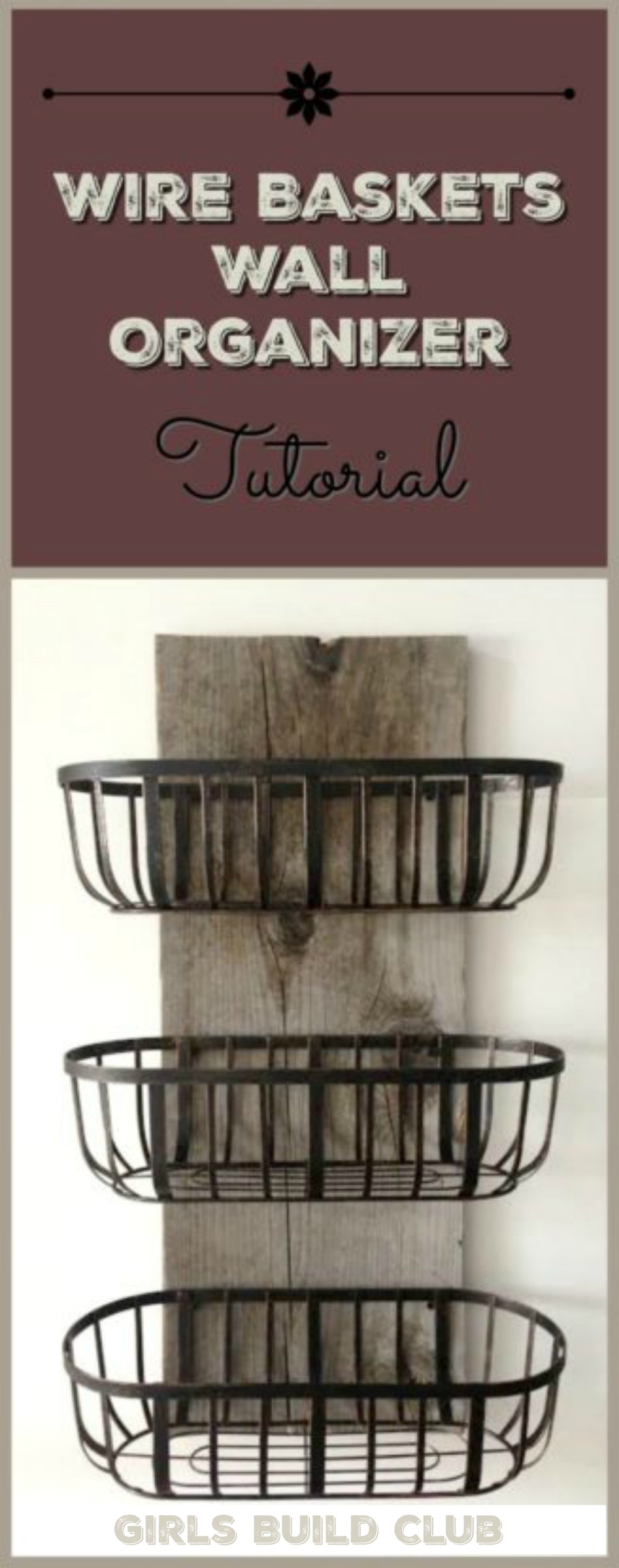 Rustic wood and wire baskets organizer. I made this for our kitchen and now it holds all our dishtowels and handtowels. Cheap and easy country farmhouse decor. Could also use in a farmhouse or rustic style bathroom.