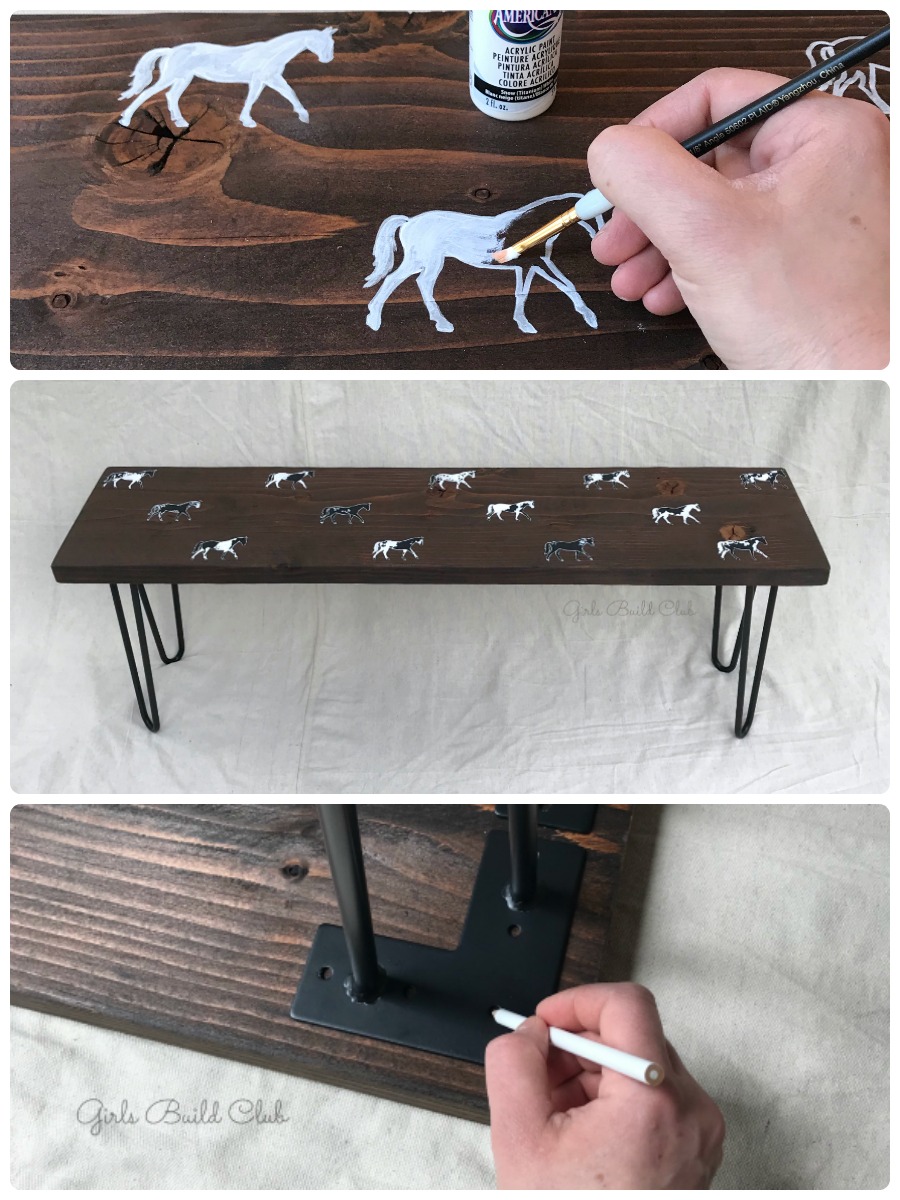 Make this bench yourself and learn how to paint the horses, too! Hint: you'll trace them. Southwestern decor diy >> painted furniture diy >> farmhouse decor diy. Painted Horse Bench DIY #paintedfurniture #diyfurniture #girlsbuildclub