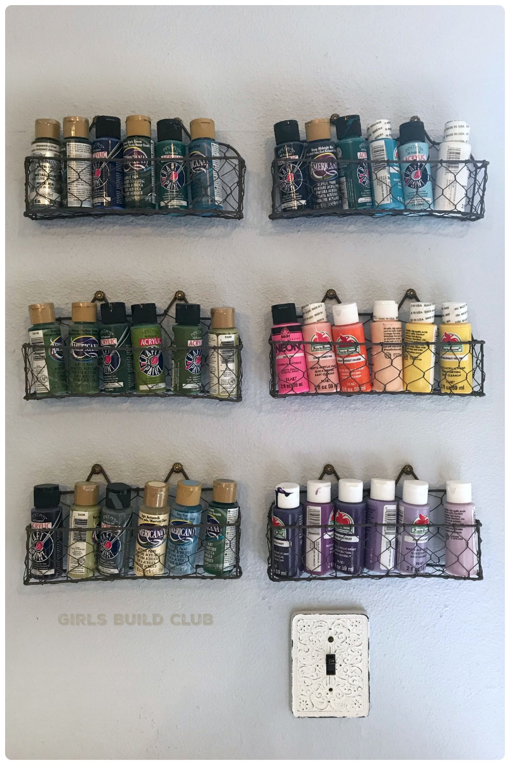 A little less clutter on the craft room counter after hanging these wire baskets on the wall!