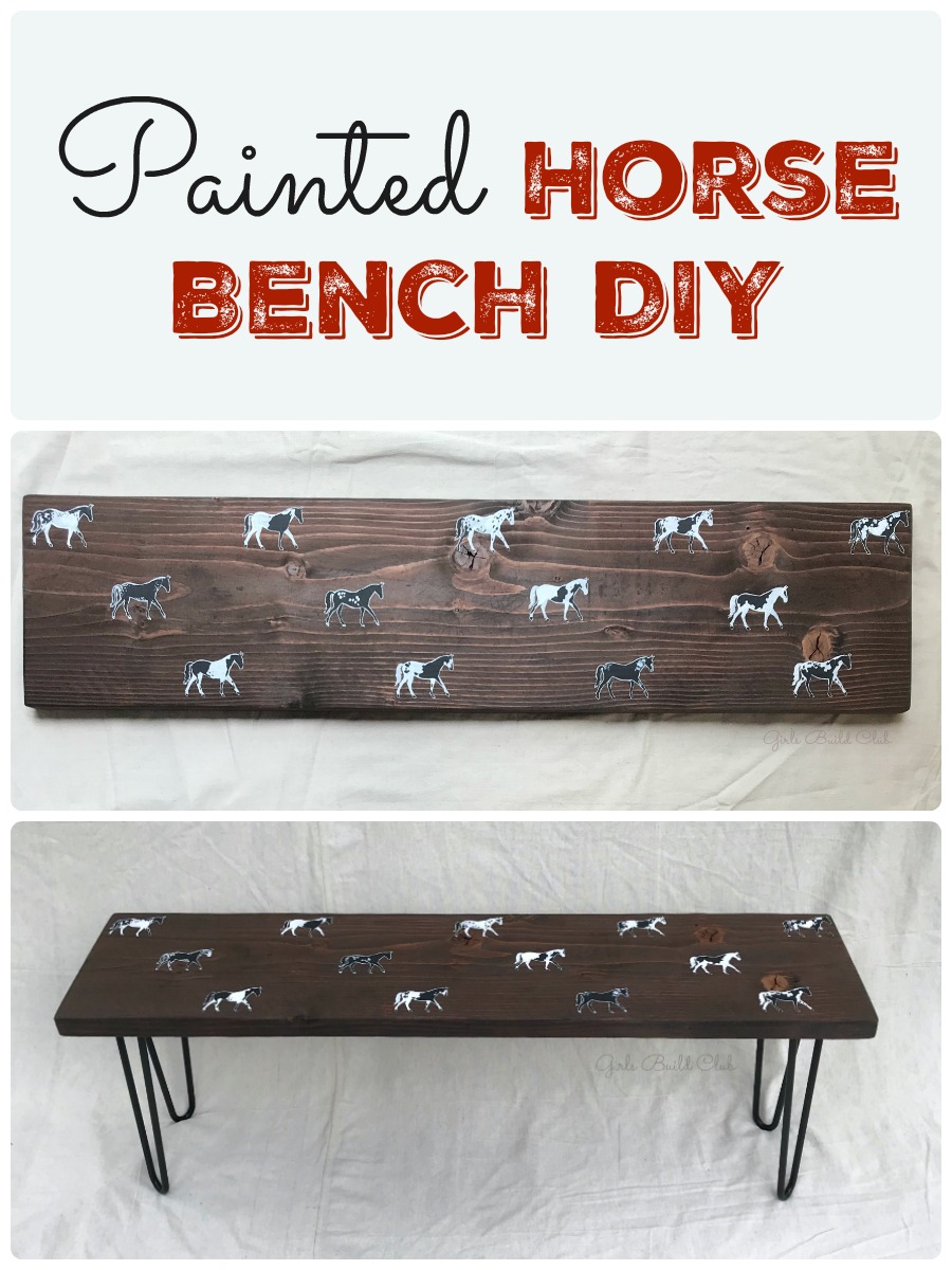 I love hand painted furniture! This bench is painted with horses and I'll show you how to get the same look in this Painted Horse Bench DIY tutorial. Can't you just picture this in a cute rustic farmhouse entryway? #girlsbuildclub #paintedfurniture #diyfurniture 