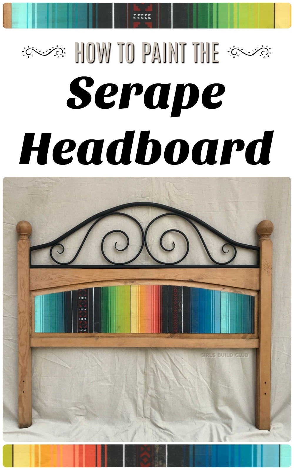 Painted furniture diy project. I painted this headboard in a striped pattern inspired by Mexican serape blankets and southwestern style decor. Click through to see the tutorial!
