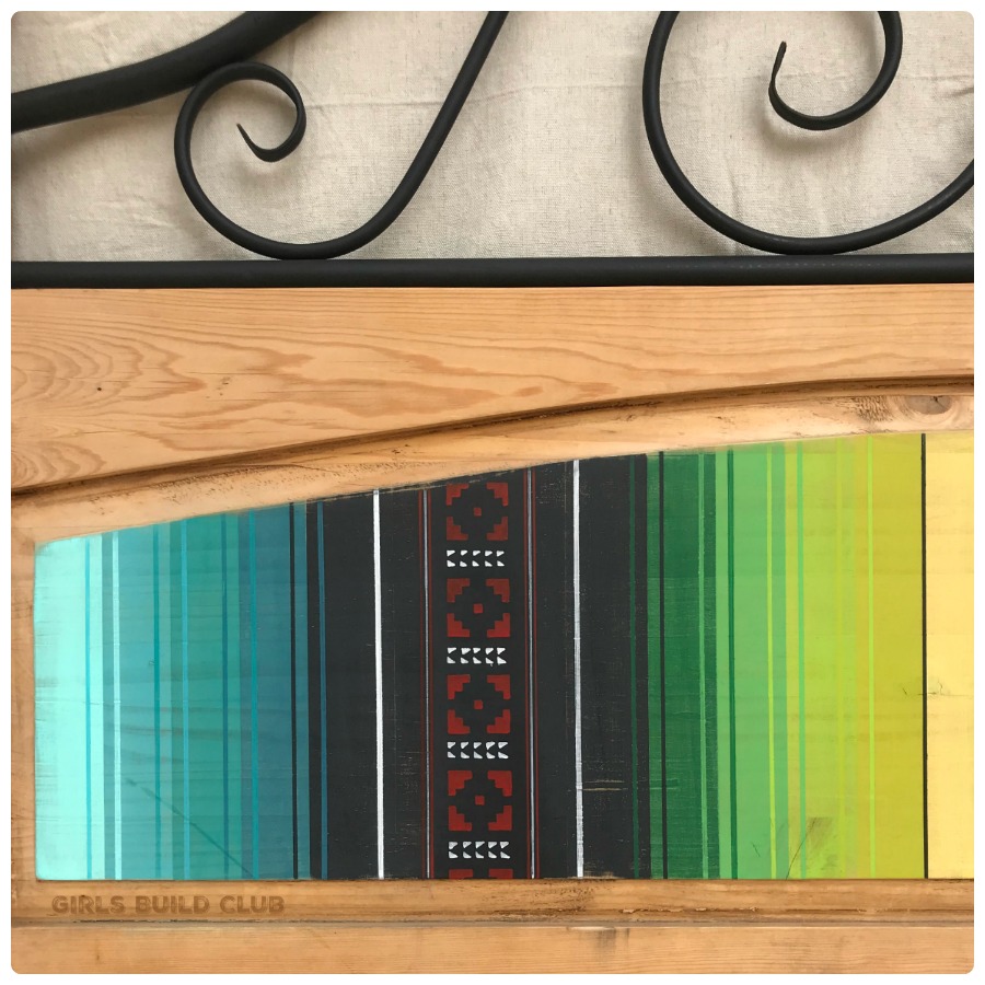 A closer look at the stencil design of the serape headboard. I'll show you how to paint this headboard yourself with the full tutorial.