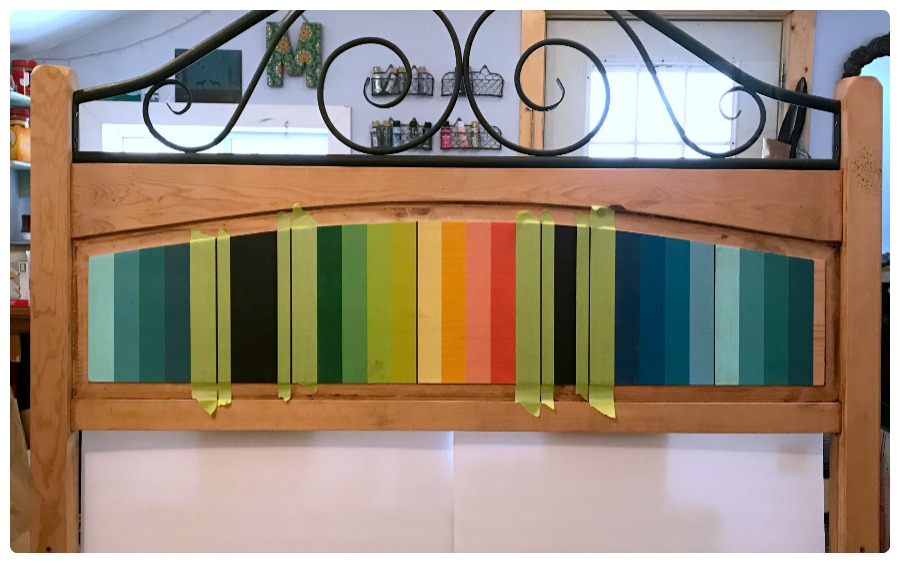 Adding the thin black and white stripes to the serape headboard.