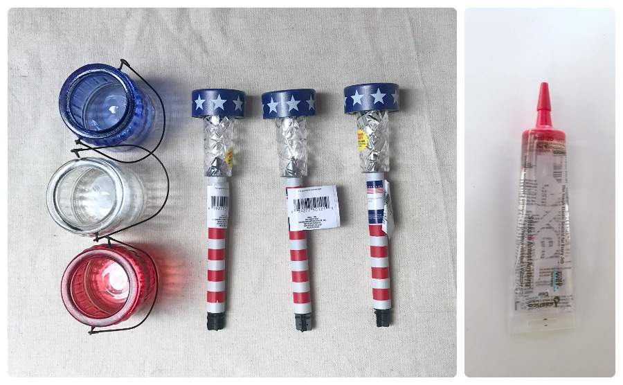 Supplies from the dollar store for easy solar lanterns diy. 4th of July decor diy