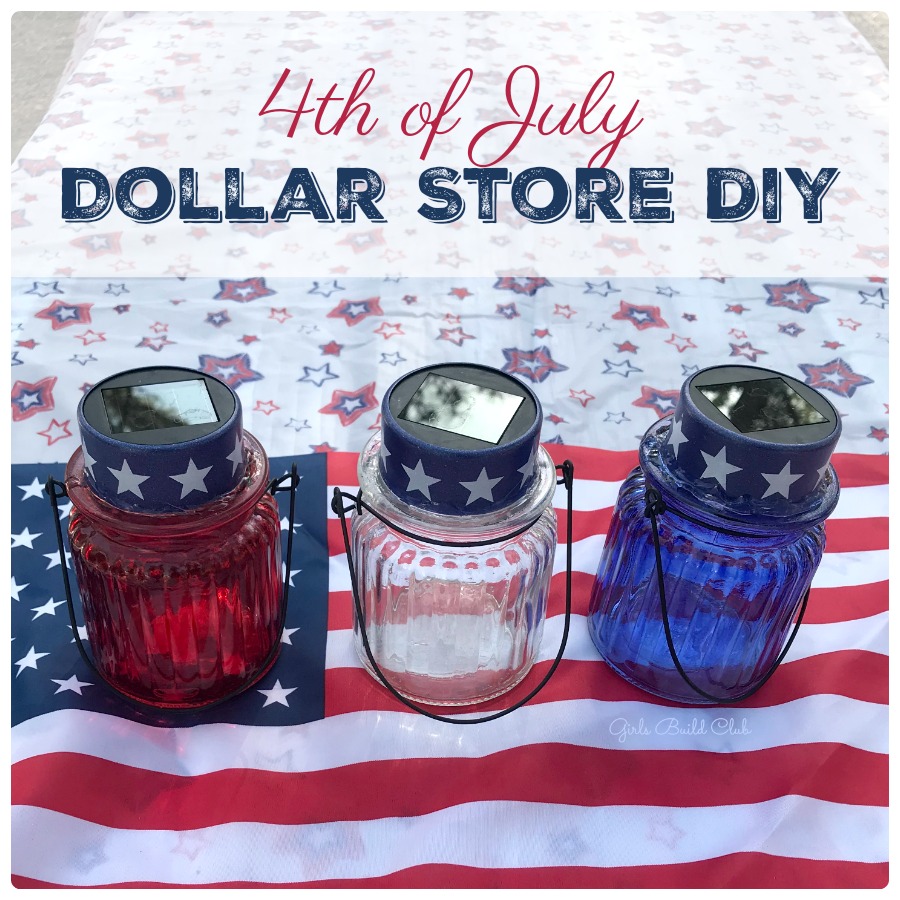 $2 Solar Lanterns for 4th of July! Easiest dollar store diy decor project ever. Just take apart the solar stake lights and glue to the top of these glass votives for an easy Fourth of July diy decor. #dollarstore #diycraft #4thofjuly 