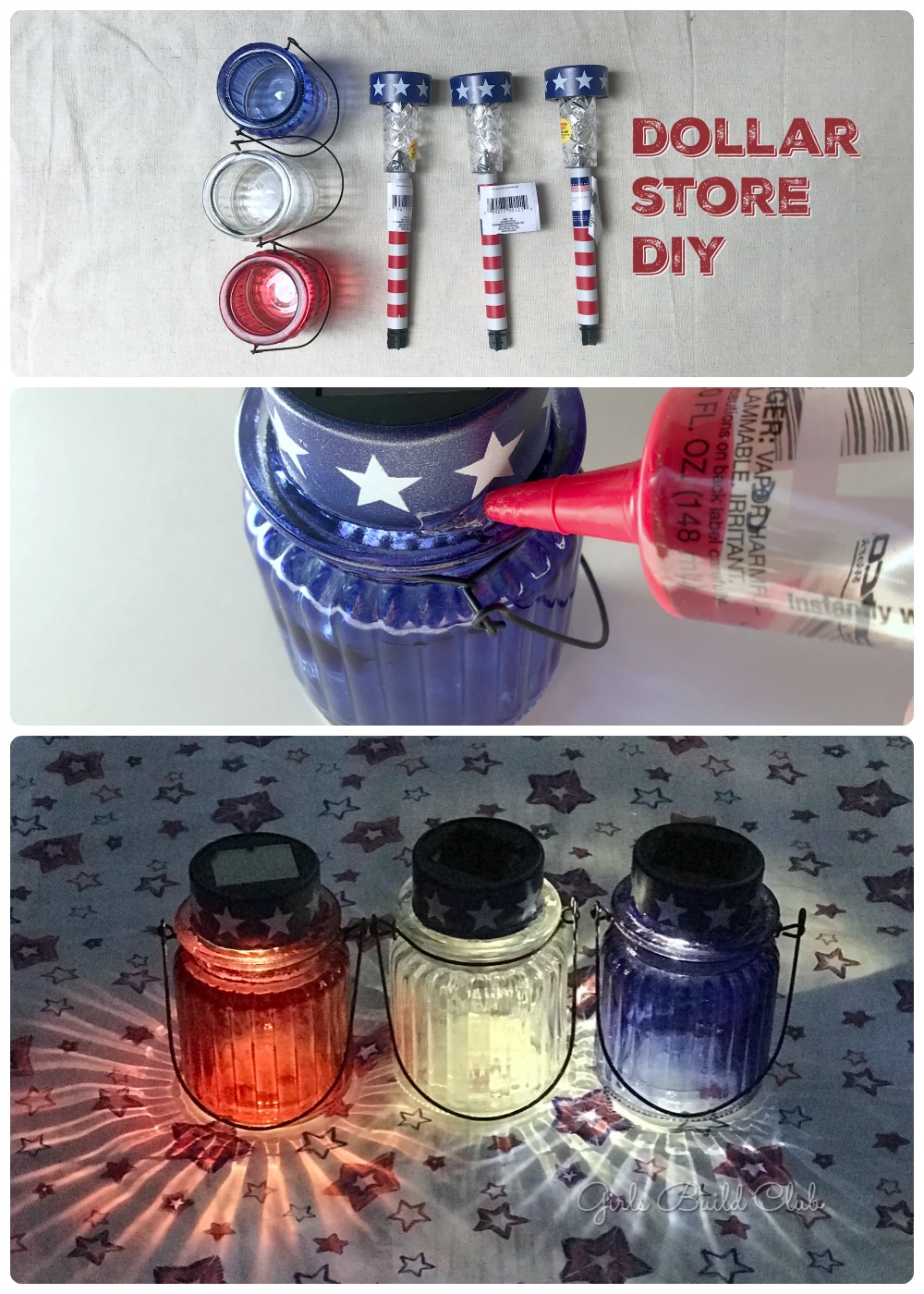 $2 Solar Lanterns for 4th of July! Easiest dollar store diy decor project ever. Just take apart the solar stake lights and glue to the top of these glass votives for an easy Fourth of July diy decor. #dollarstore #diycraft #4thofjuly 