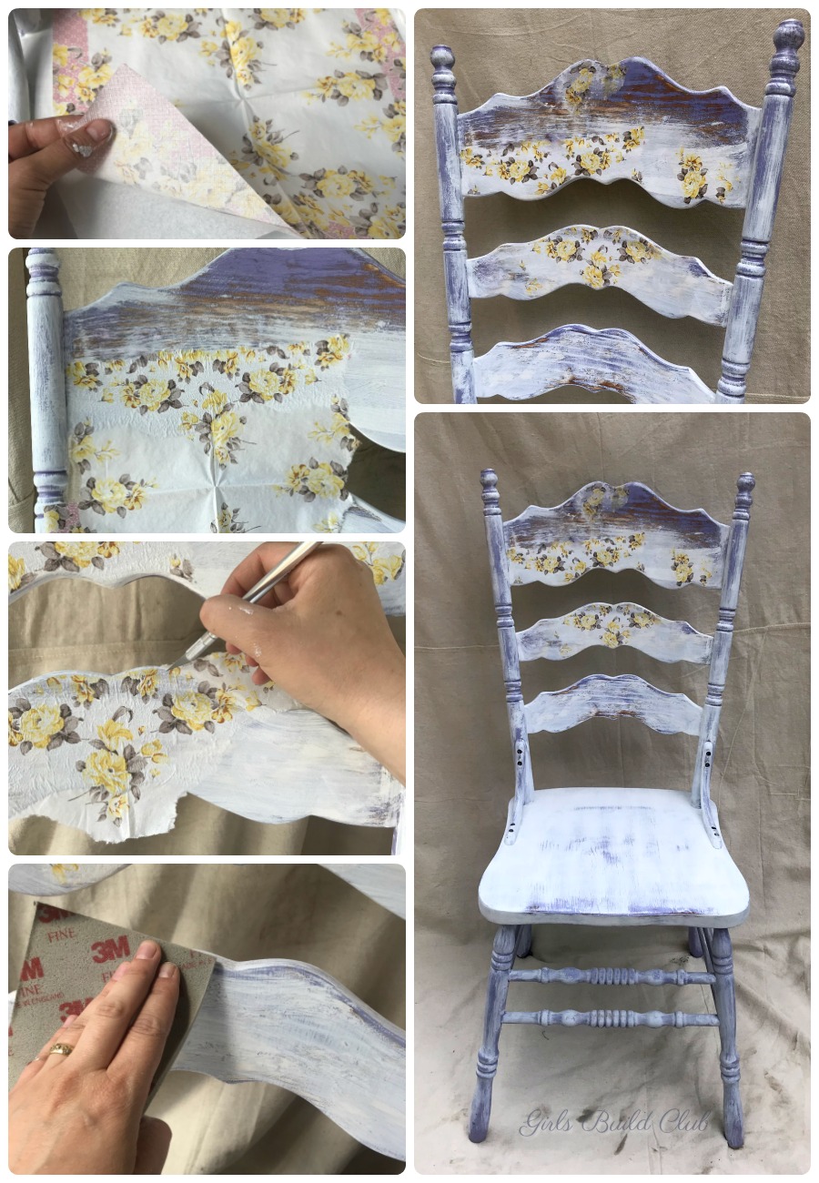 Shabby chic floral chair DIY! I'll show you how to easily decoupage napkins and create this statement chair. I can see it in a cute country farmhouse or cottage style house. #shabbychic #shabby-chic #farmhouse #modpodge #paintedfurniture