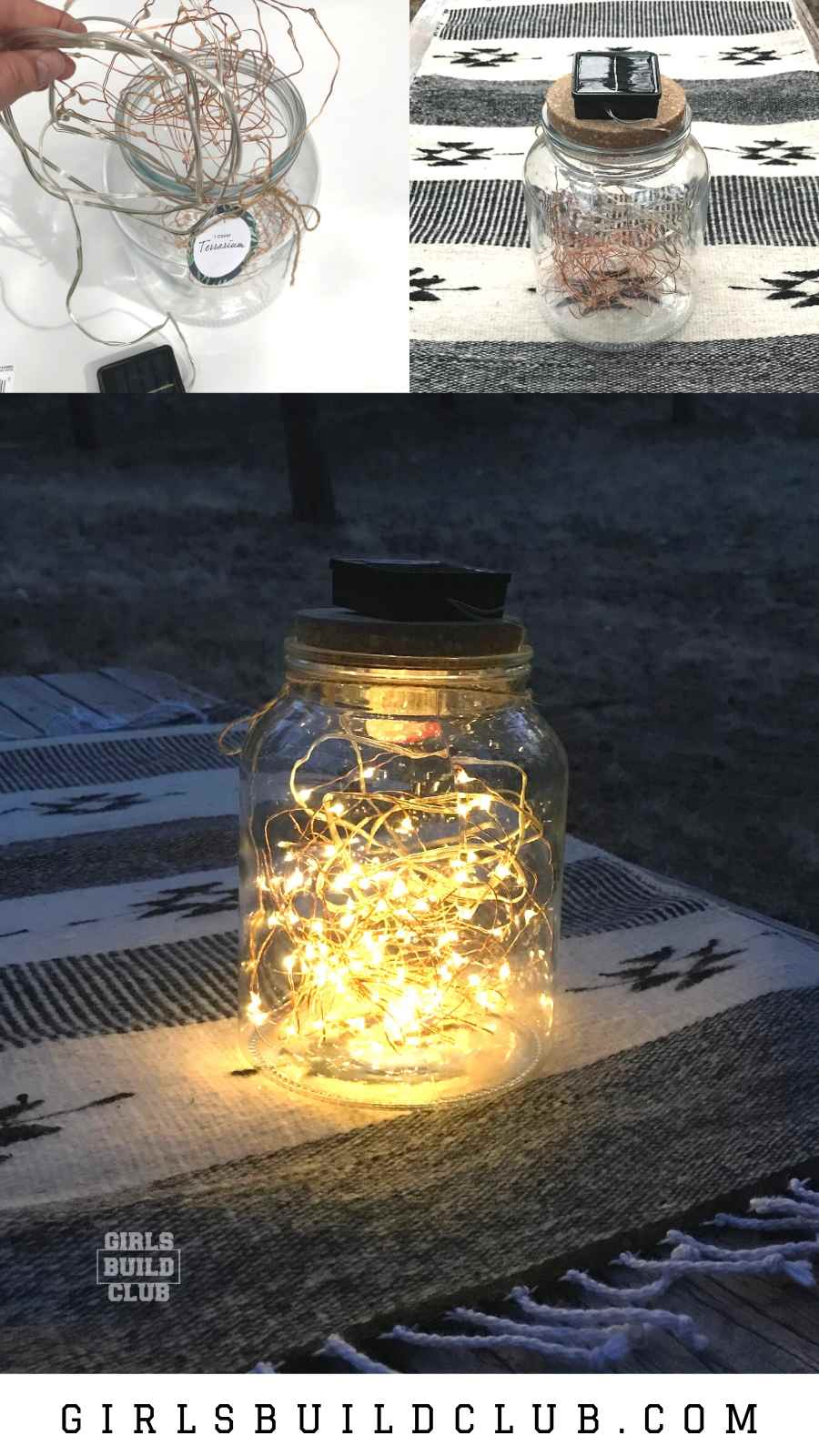 So pretty and so easy!  Who loves fairy lights?  How about solar fairy lights for outside?  Add these solar string lights to a glass jar and you've got instant outdoor ambience for your outdoor dinner party or bbq decorations.  Great for making your backyard pretty at night.