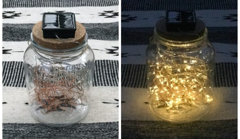 How to make an easy solar lights jar for a beautiful outdoor dinner party centerpiece. It's the easiest diy decor project ever. Took like 5 minutes.