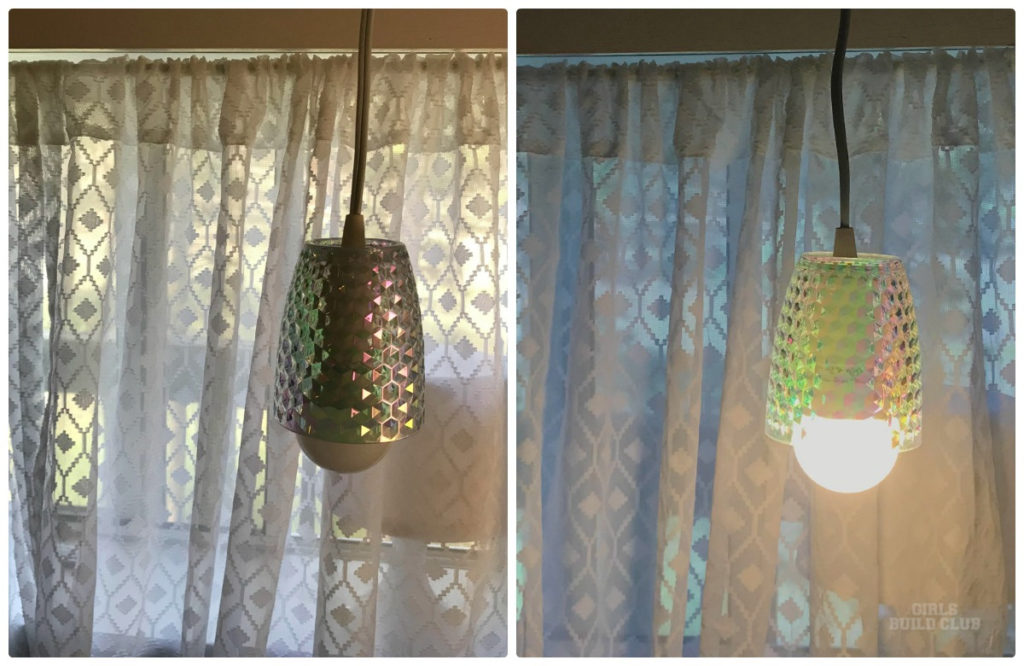 It's pretty both on and off.  My new pendant light made from a cup! Click through to see how I did it.