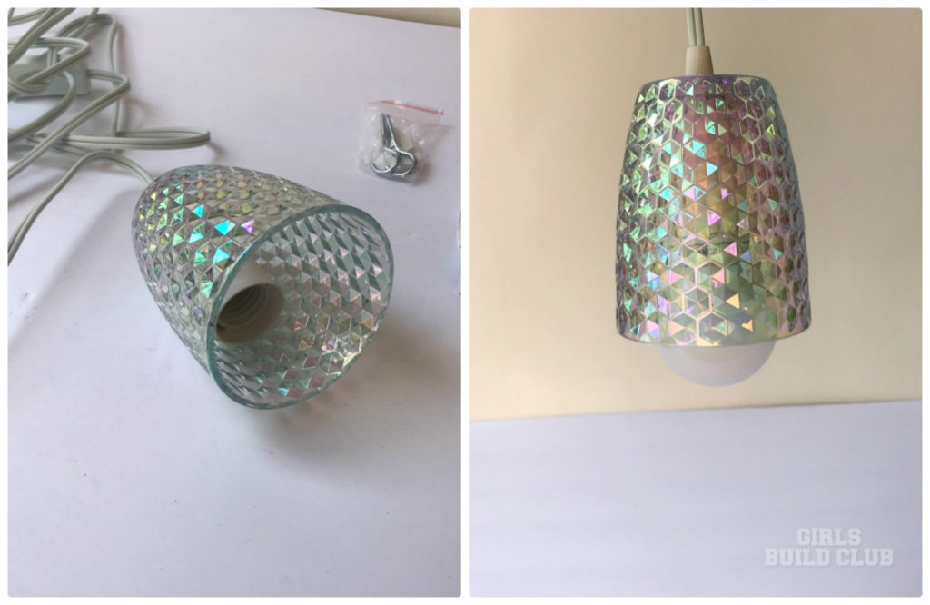 It's ready to be hung as a pendant light.  This is made from a cup! Click through to see how I did it.