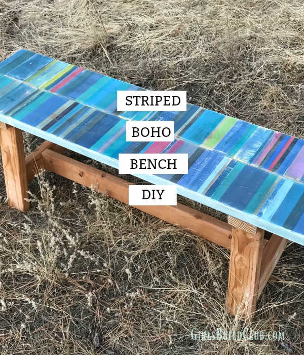 Tutorial on how to paint the striped boho bench by Girls Build Club.  All you need is some tape and craft paint to do this easy painted furniture DIY project. 