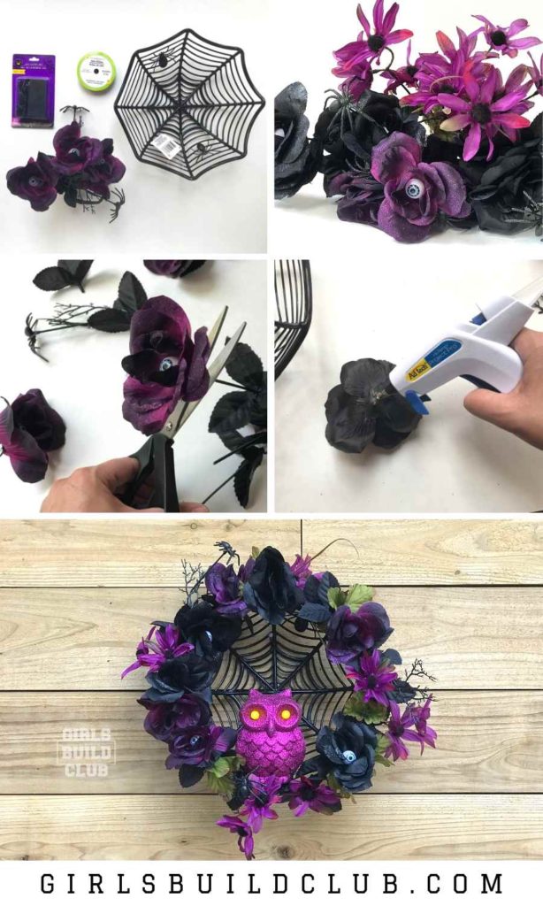 I love this dark floral halloween wreath I made with dollars store supplies! It would look great on your front door for Halloween, as party decor, or just a spooky halloween craft project.