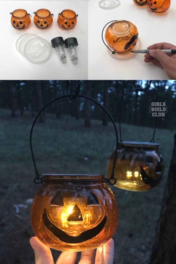 Pumpkin Solar Lights You Can Make For $2 with dollar store supplies! They look great as a fall porch decor, thanksgiving dinner centerpiece, or cheap halloween decor diy for the front porch! 